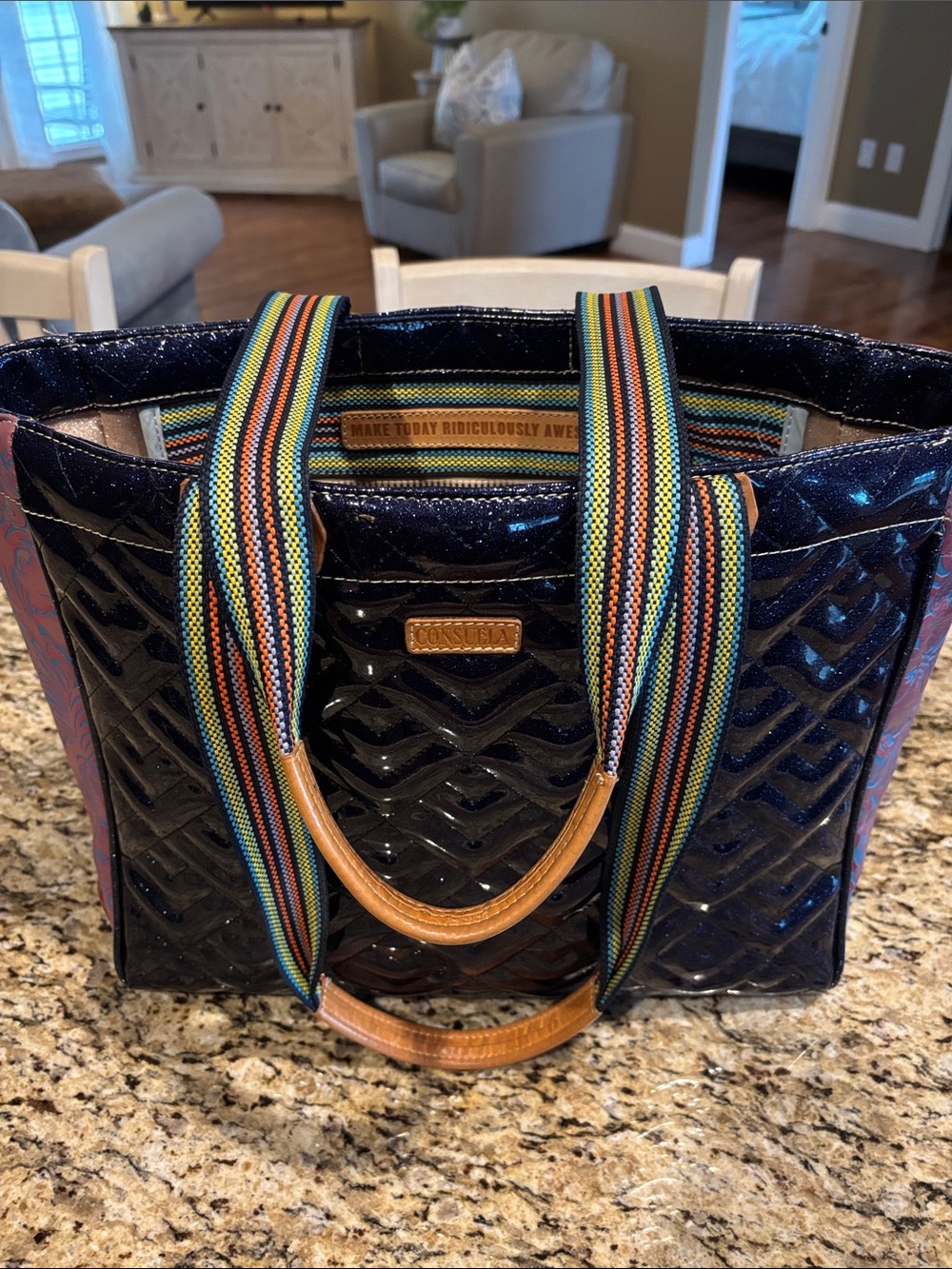 Consuela Quilted Navy Tote with Multicolor Stripe Straps